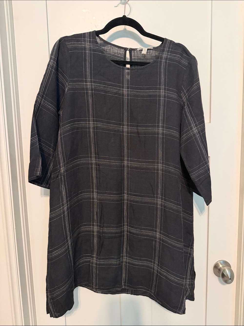 Eileen Fisher 100% Organic Linen Black and White Plaid Mini Lagenlook Dress